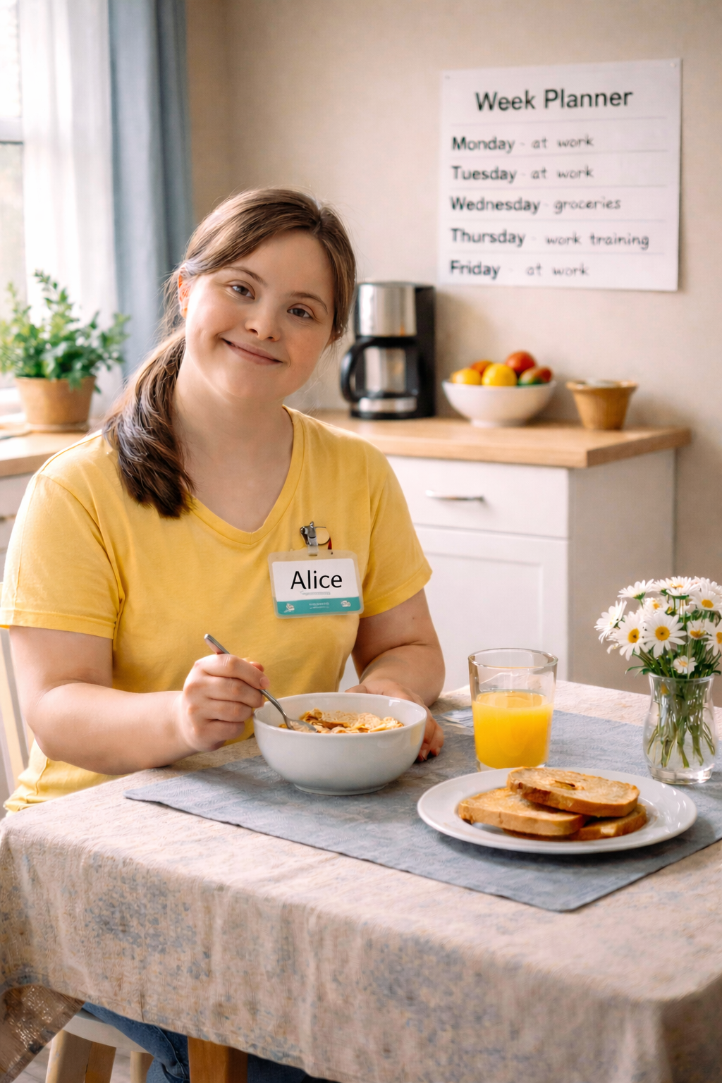 Alice enjoying breakfast with a weekly planner that clearly includes Tuesday
